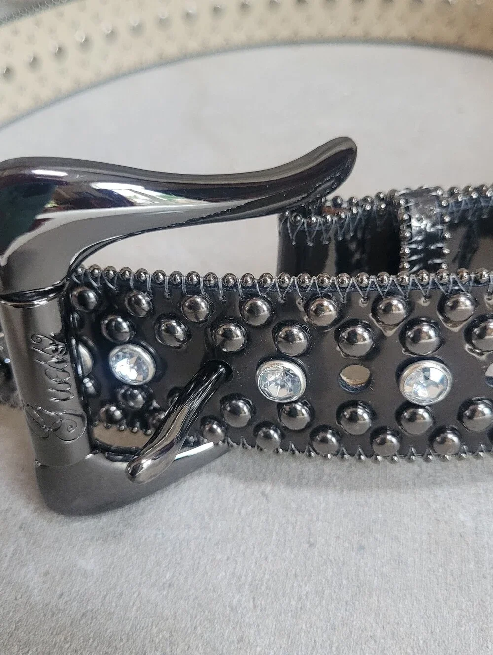GUESS Y2K Black Leather Crystal Rhinestone Studded Belt Silver Buckle